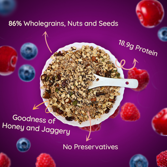 Muesli with a spoon, surrounded by berries on a purple background, highlighting nutritional information.